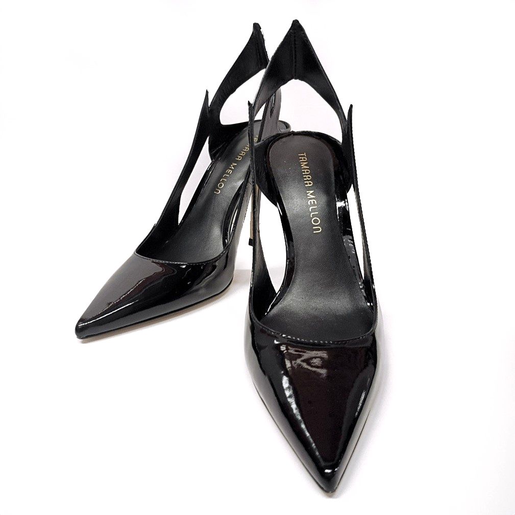 Tamara Mellon Black Patent Leather Cutout Slingback Stiletto Heels Eu 37.5 Nwot